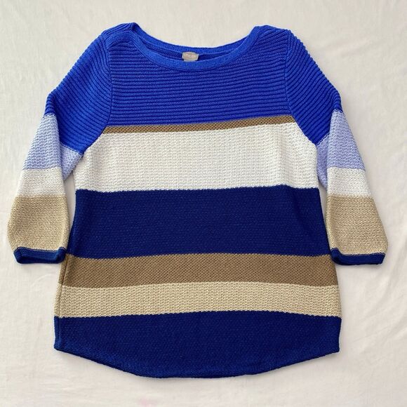 Chicos Striped Sweater 3/4 Sleeve Pullover Knit Blue White Tan Size XL 3 - Picture 1 of 8